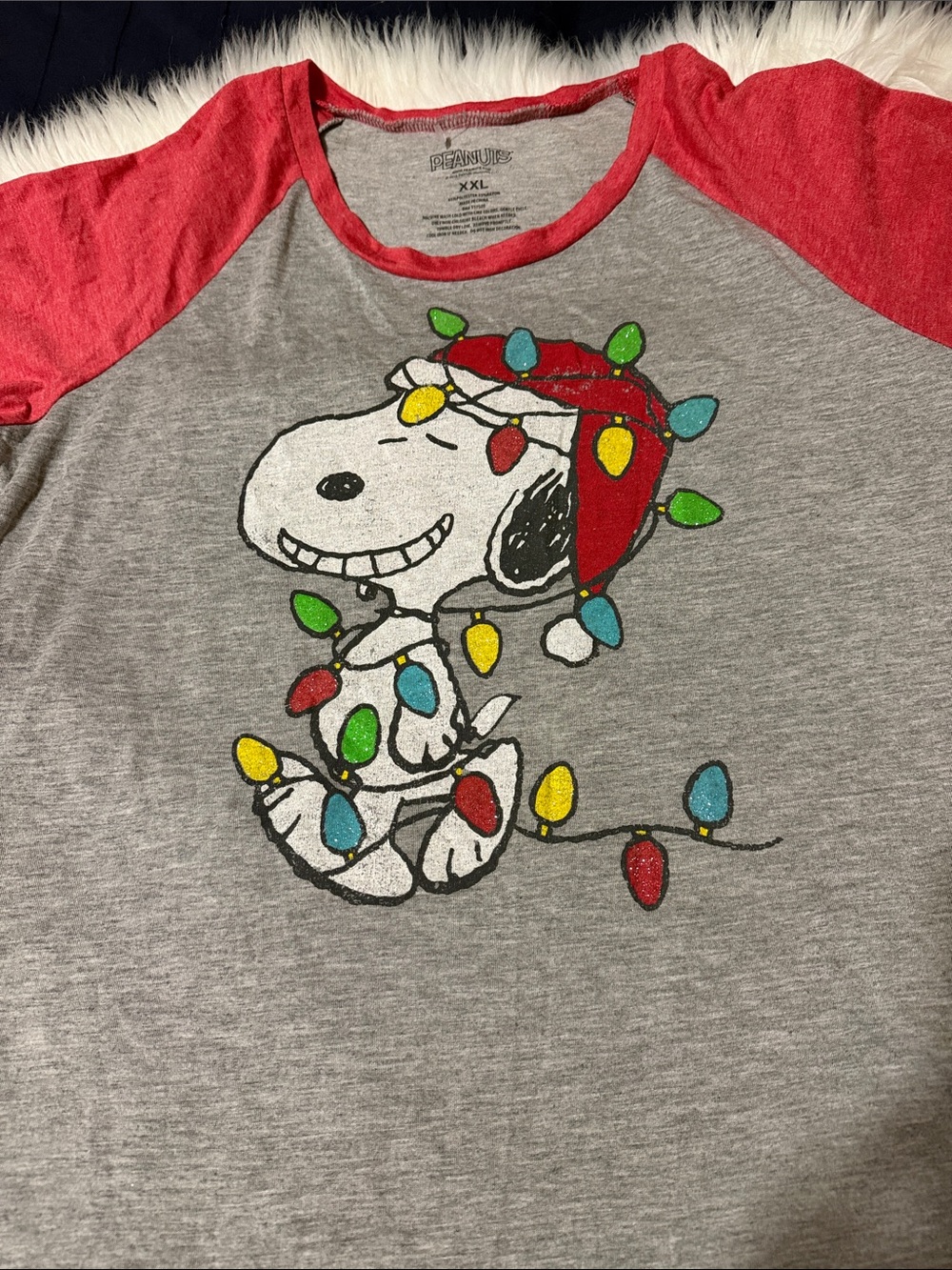Peanuts Grey and Red Snoopy Holiday Raglan Tee